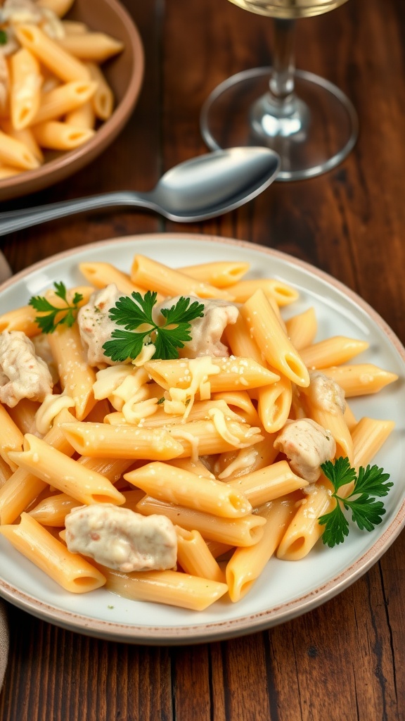 Creamy four cheese chicken penne pasta with melted cheese and parsley on a wooden table.